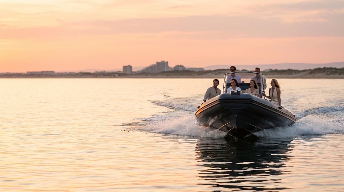 Location de bateau à La Grande-Motte — semi-rigide 5 places au coucher de soleil sur la Méditerranée, Hérault